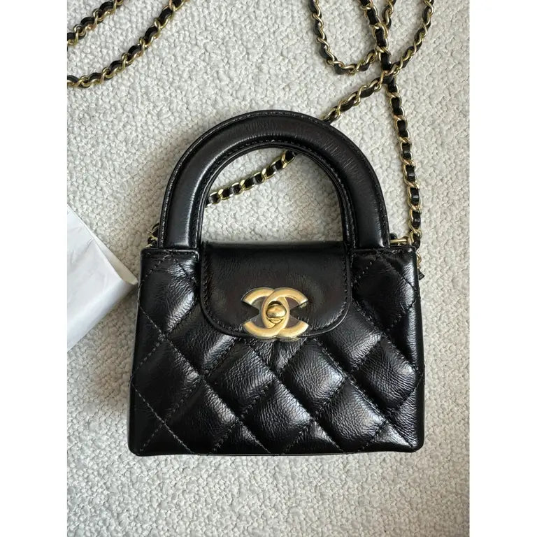 Chanel Kelly Shopping Bag Shiny Aged Calfskin & Gold Hardware Black (Nano)