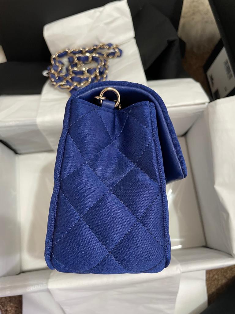 Chanel Mini Rectangular Flap Bag Satin Blue Light Gold Hardware