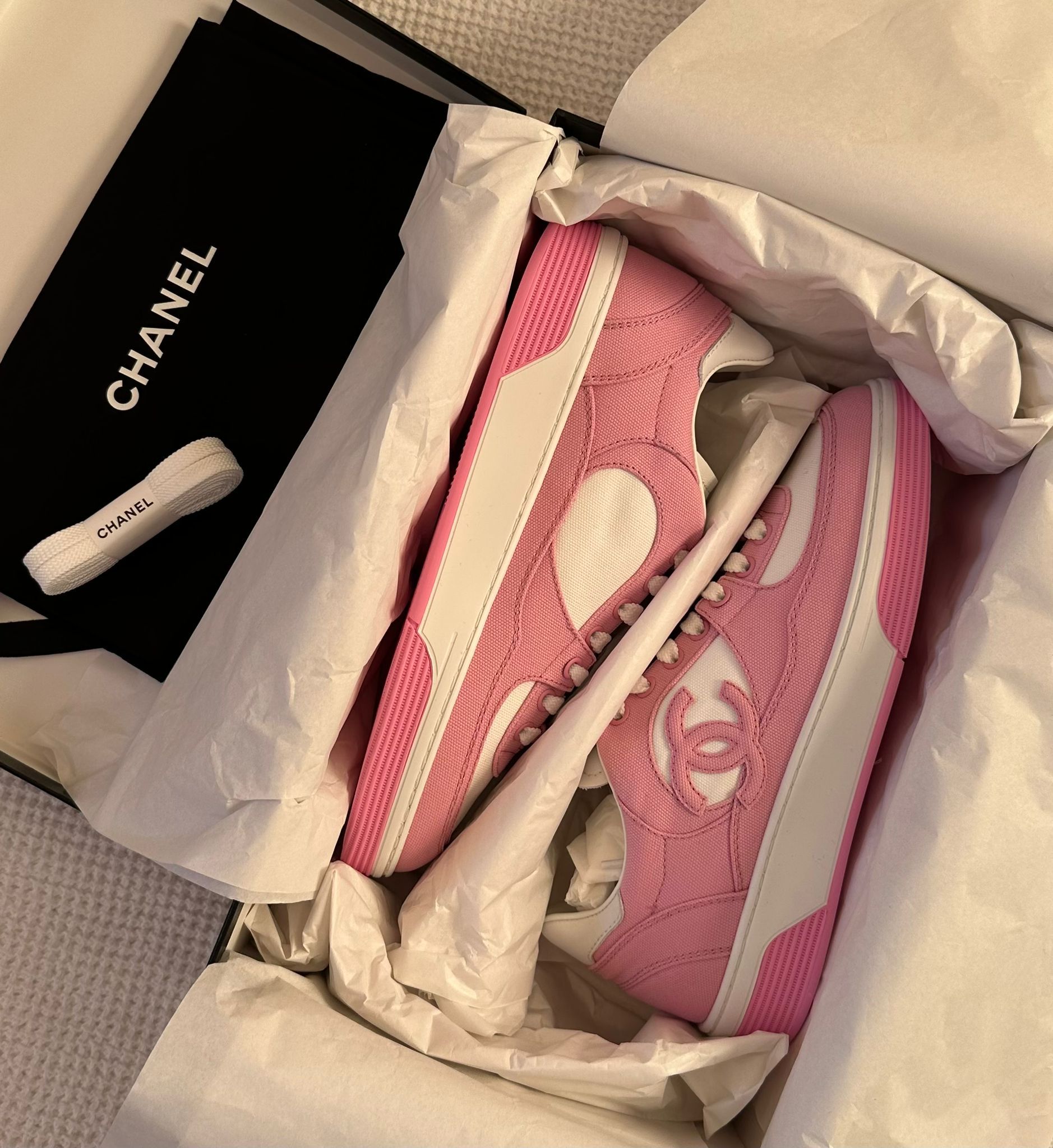 Chanel CC Logo Cotton Sneaker (Pink & White)