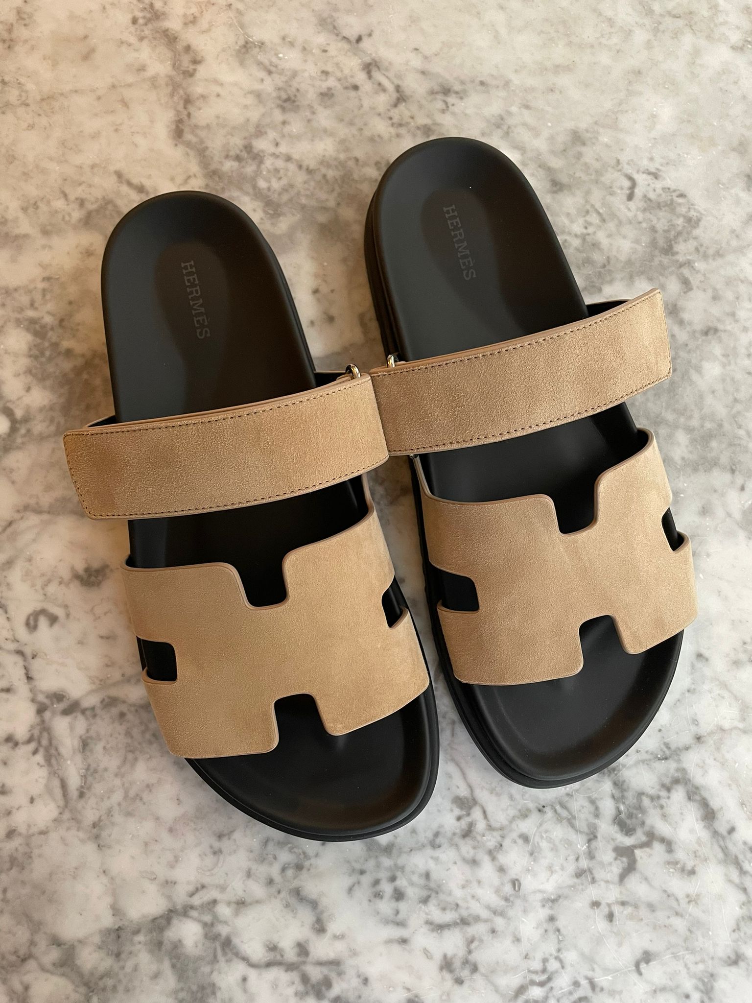 Hermès Chypre Sandals (Beige Argile / Black)