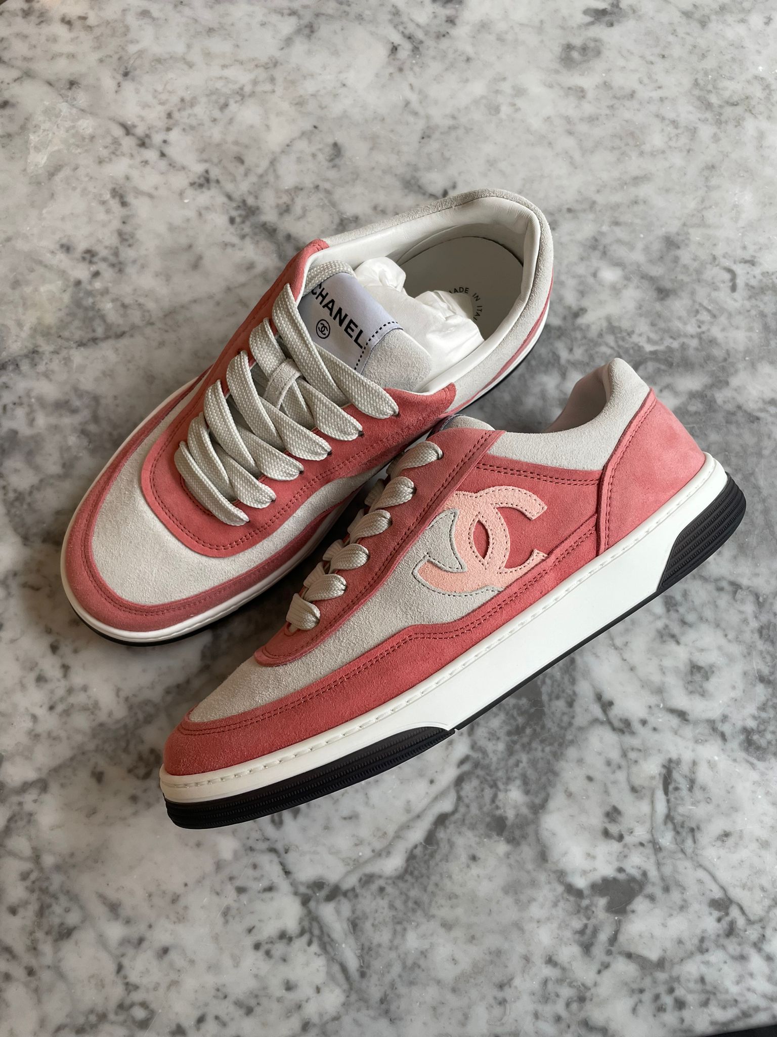 Chanel CC Logo Suede Kidskin Trainers (Peach / Pink)