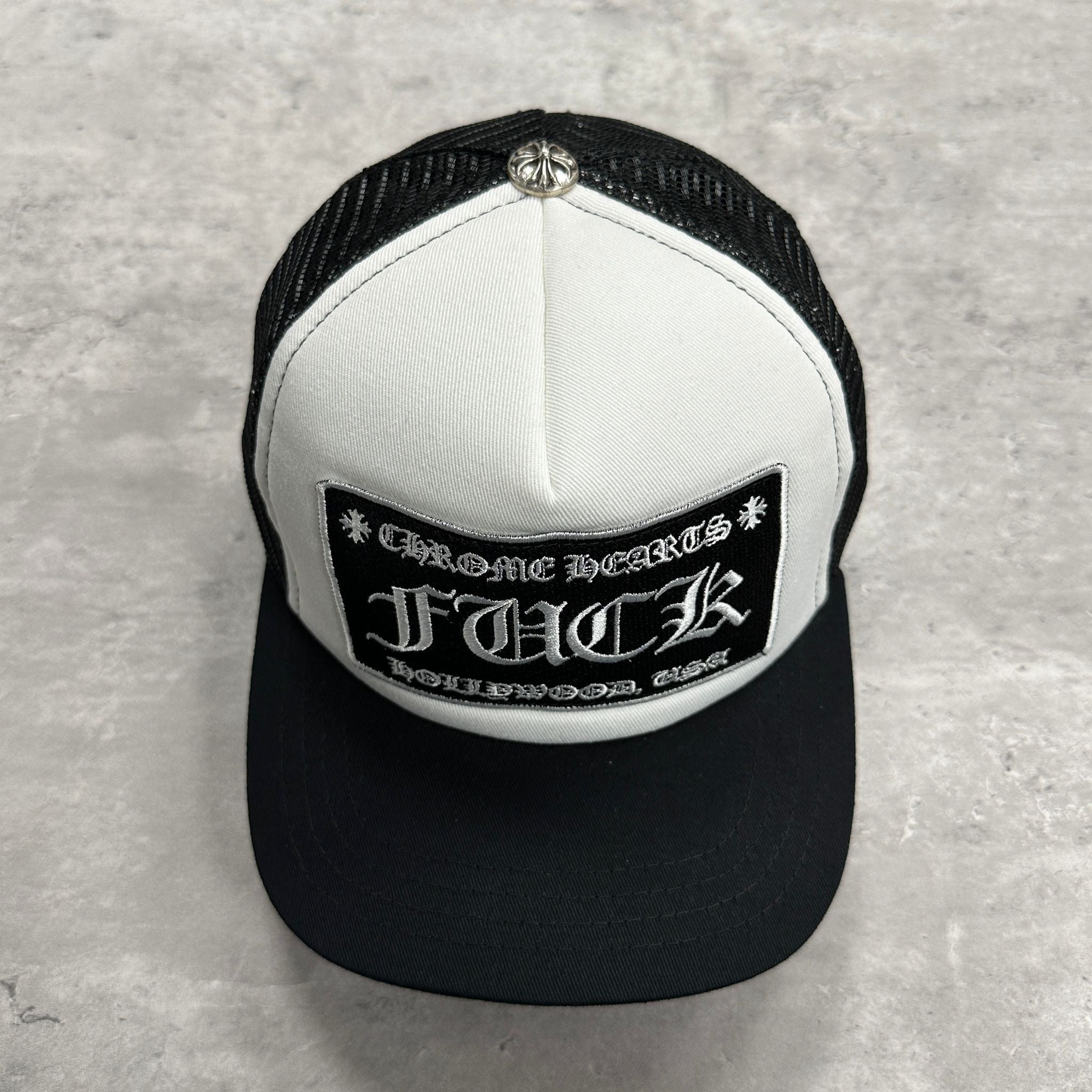 Chrome Hearts F U C K Hollywood Trucker Cap (White/Black)