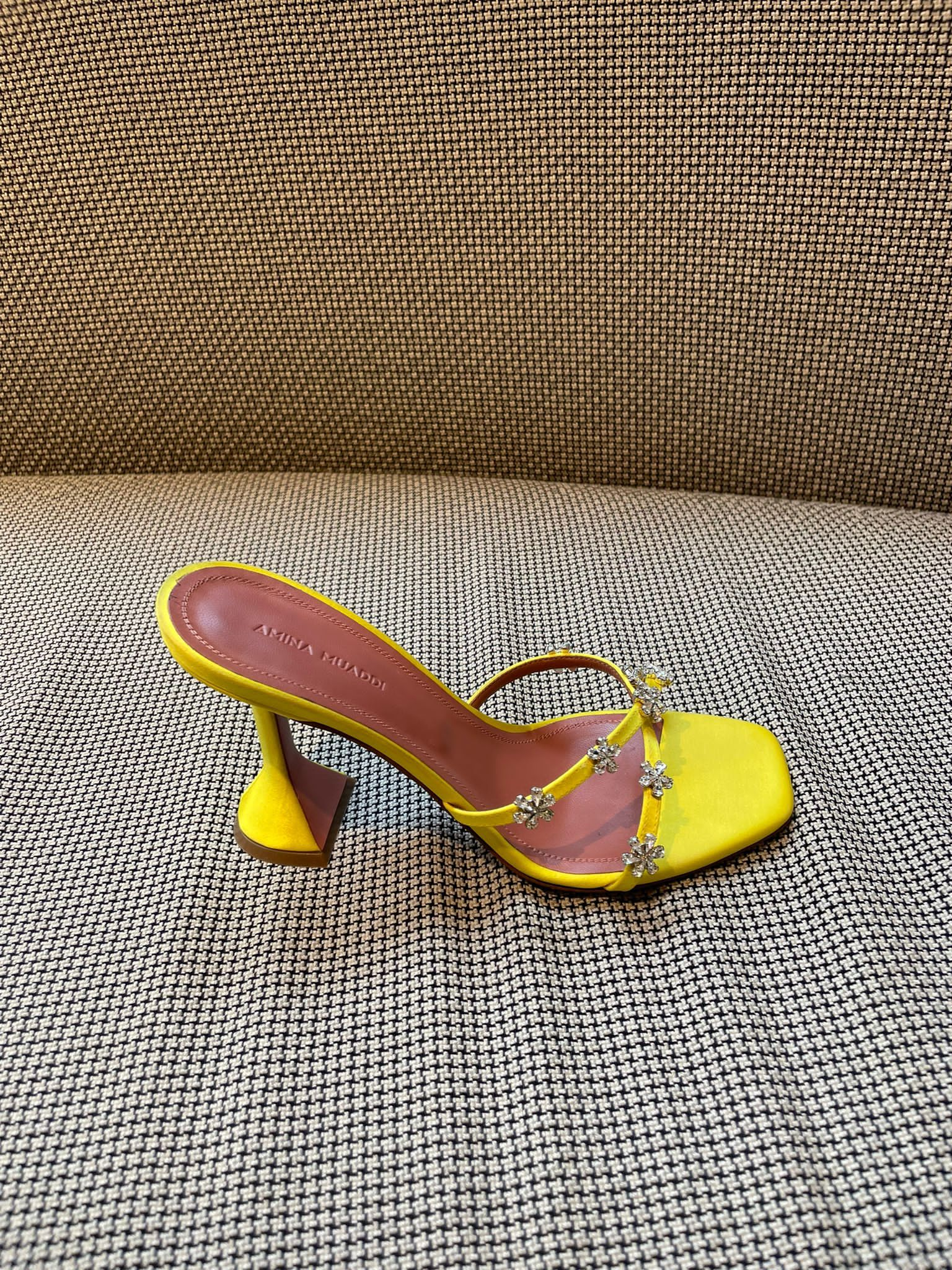 Amina Muaddi Lily Crystal Satin Yellow Mule Slipper