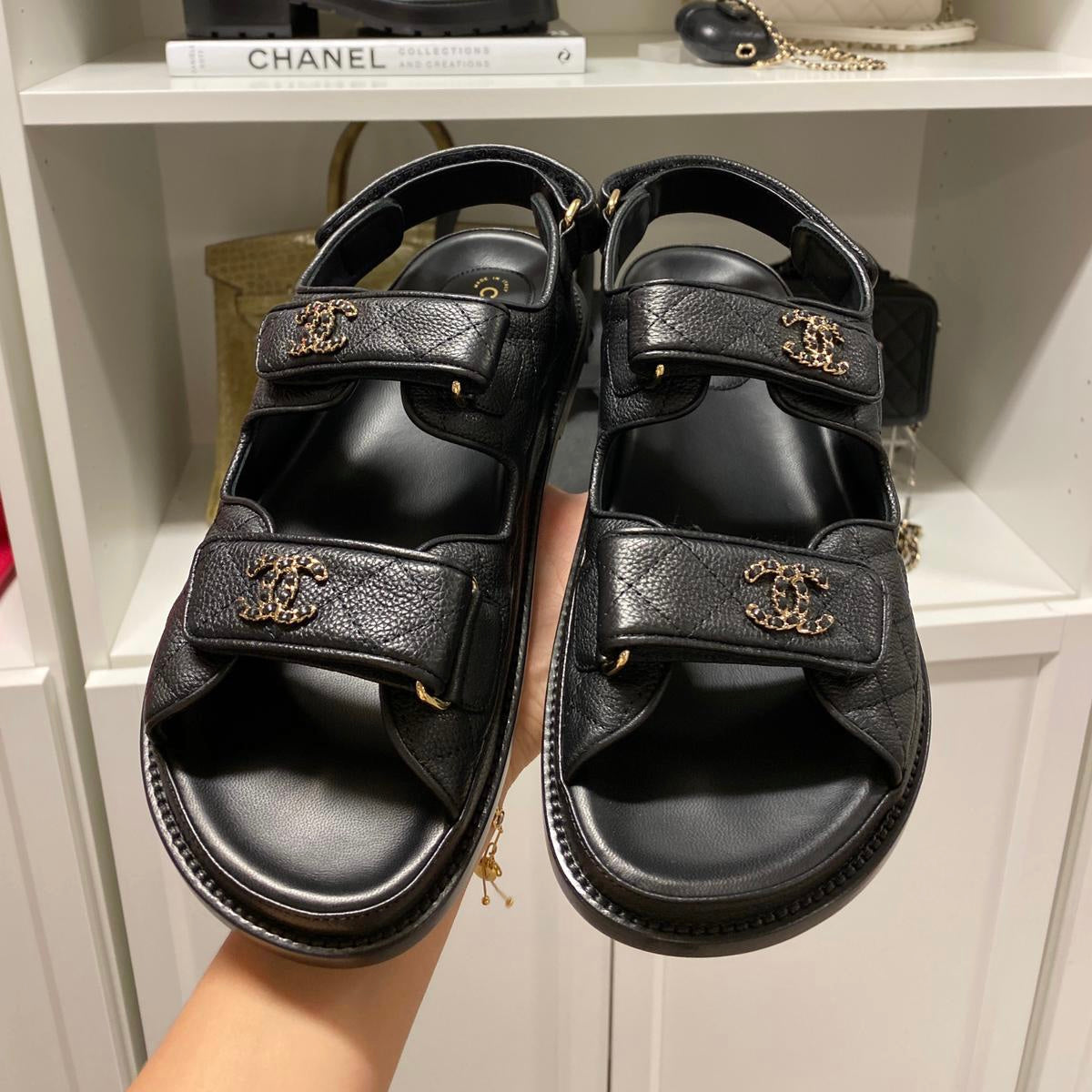 Chanel Caviar Leather CC 'Dad' Sandals (Black/Gold)