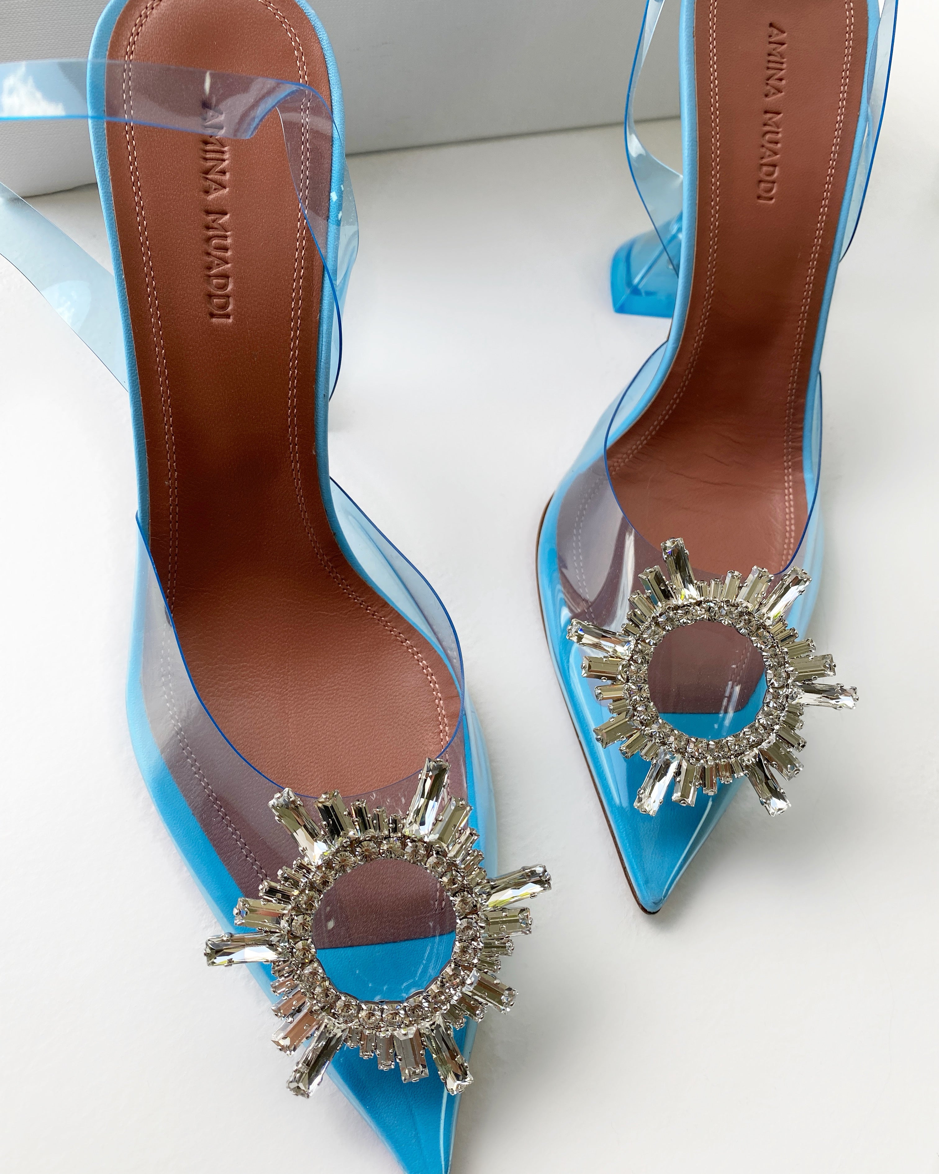 Amina Muaddi Begum Crystal Blue PVC Slingback Pumps