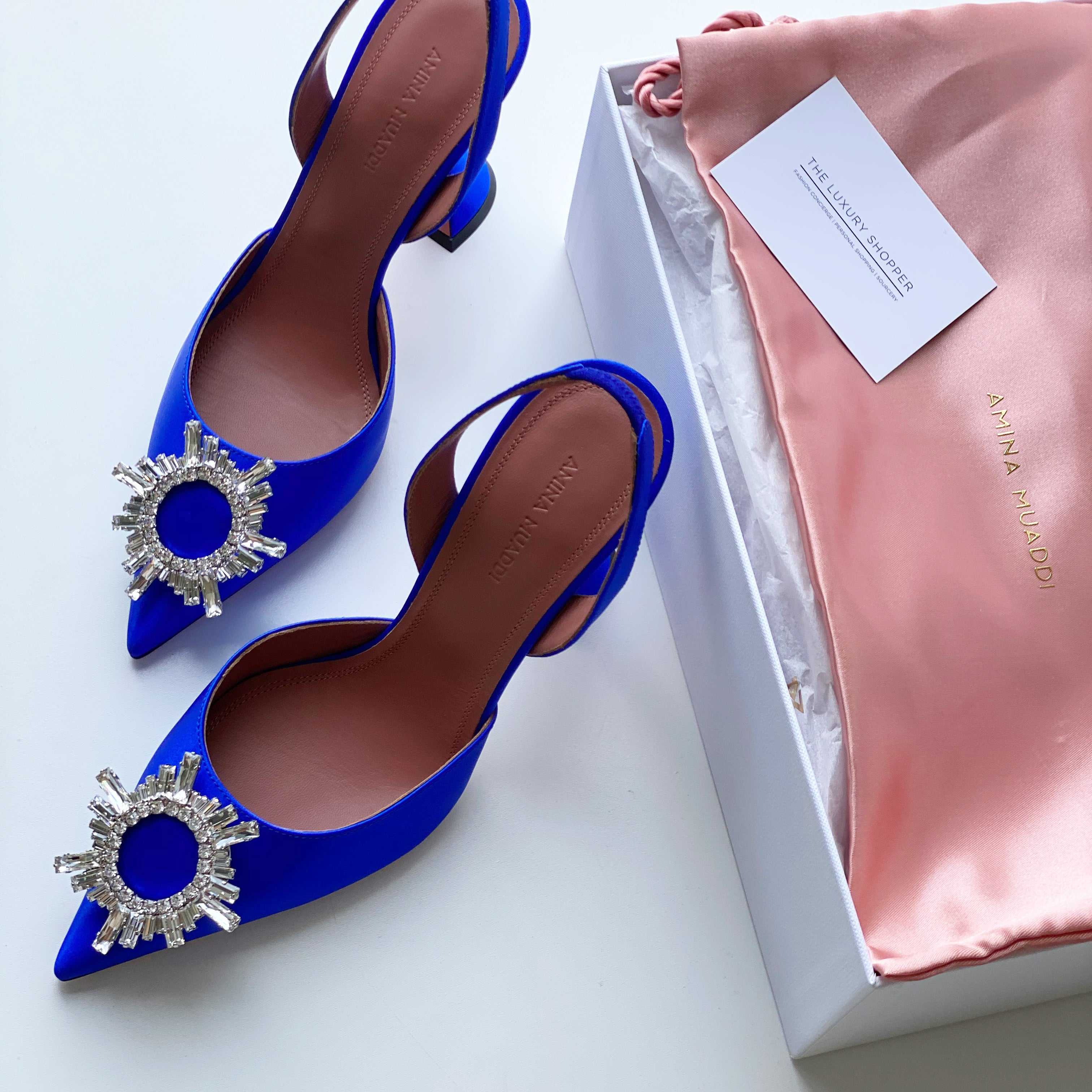 Amina Muaddi Begum Satin Slingback Pumps Blue