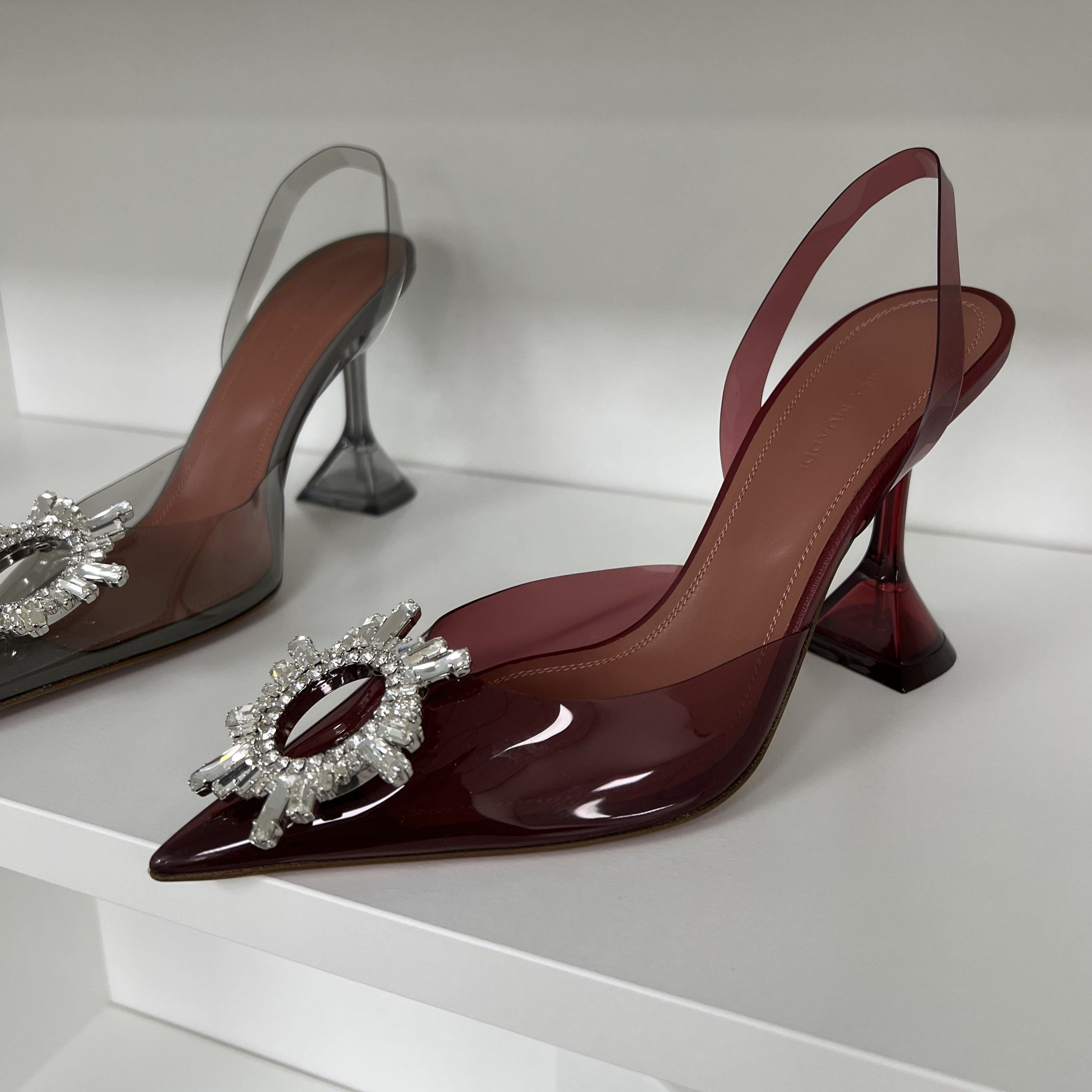 Amina Muaddi Begum Burgundy Crystal PVC Slingback Pumps