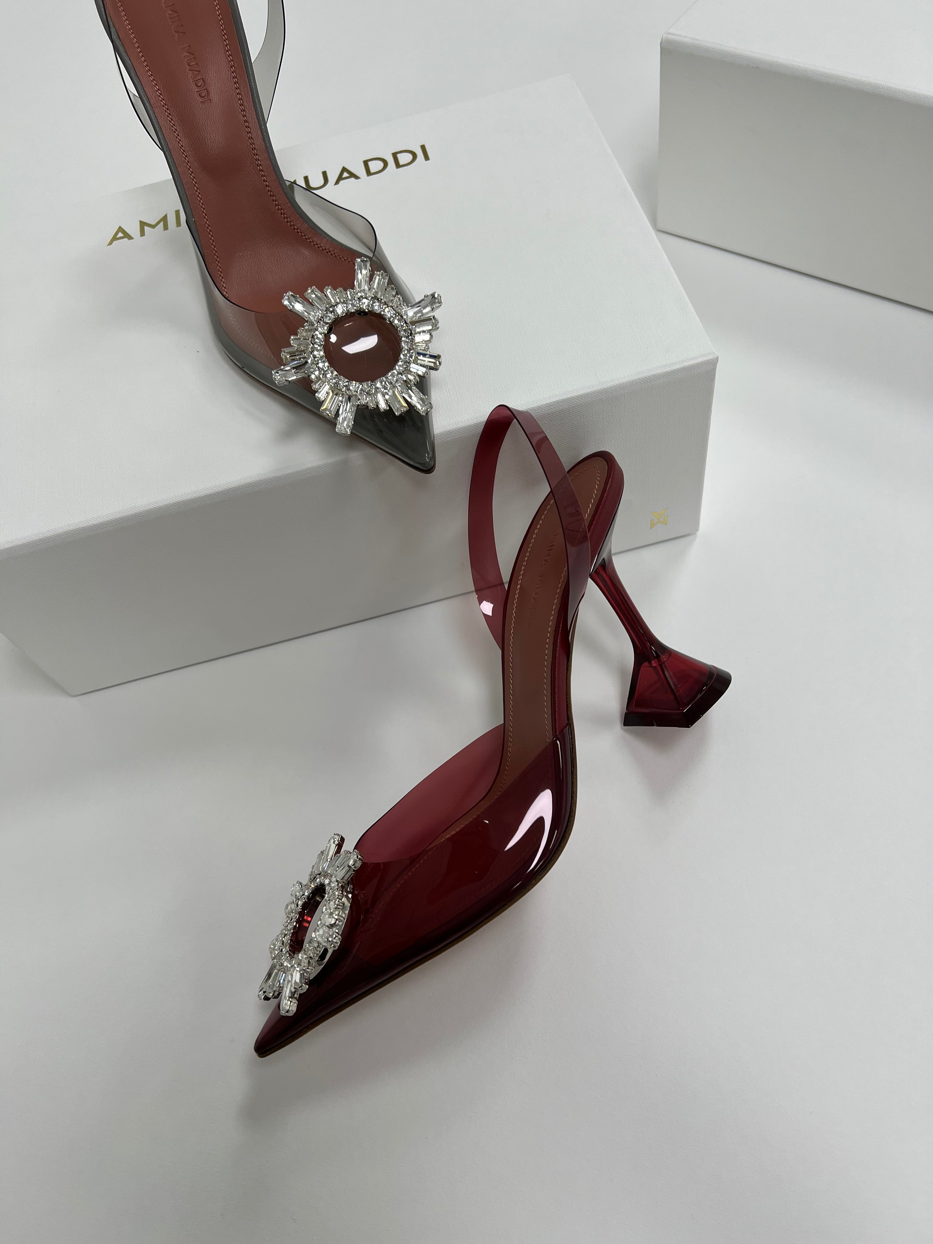 Amina Muaddi Begum Burgundy Crystal PVC Slingback Pumps