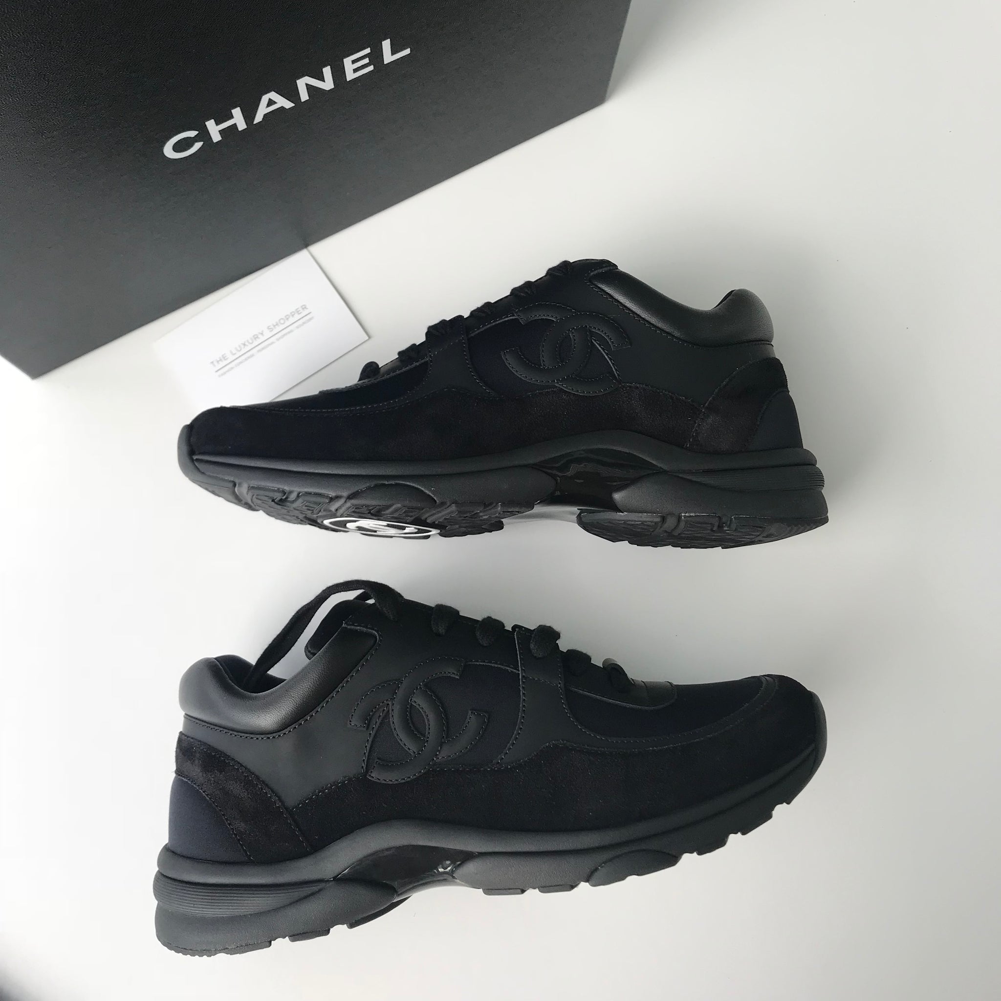 Triple Black Suede All Black Chanel Sneakers Mens Chanel CC Logo