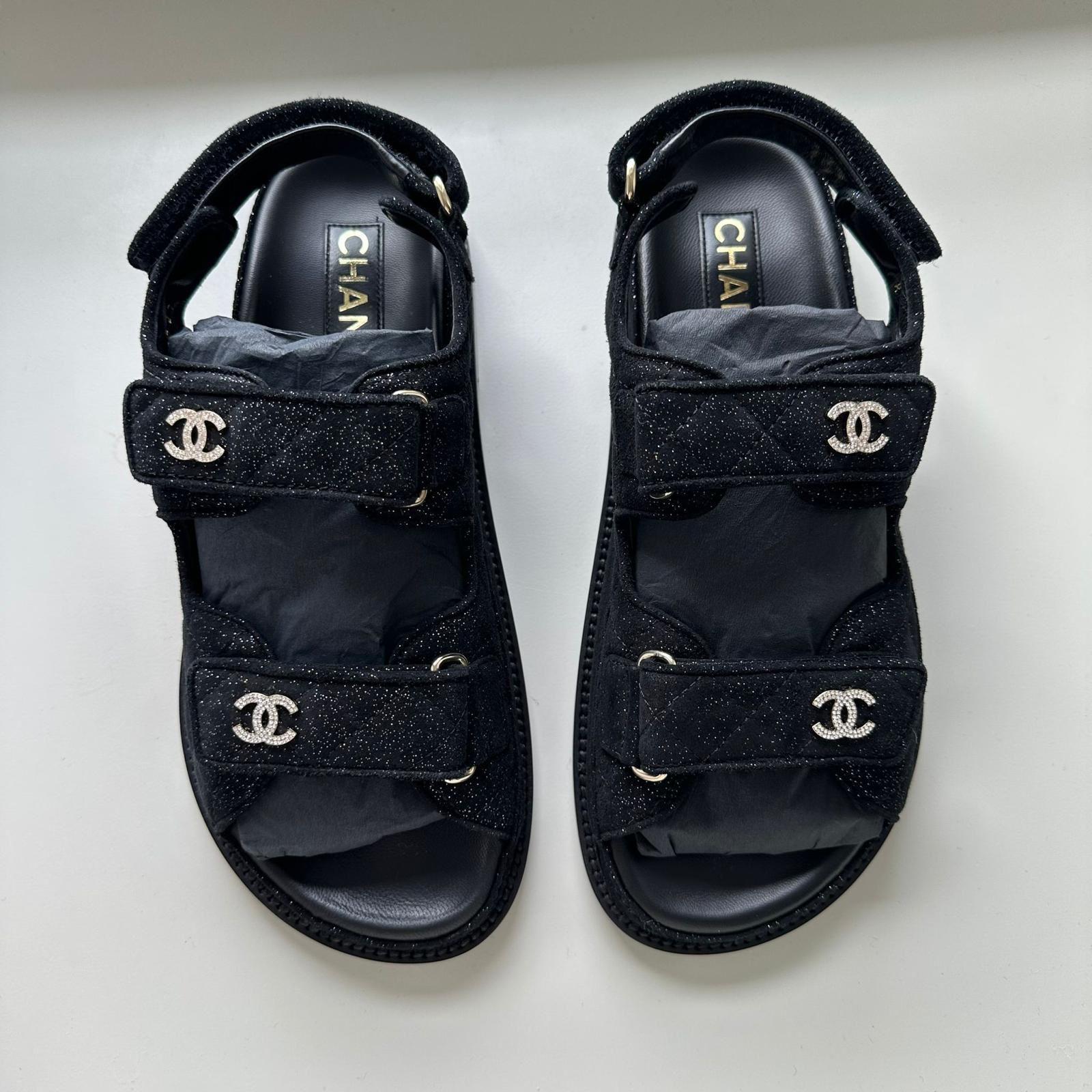 Chanel Suede Kidskin Crystal CC 'Dad' Sandals (Black/Silver)