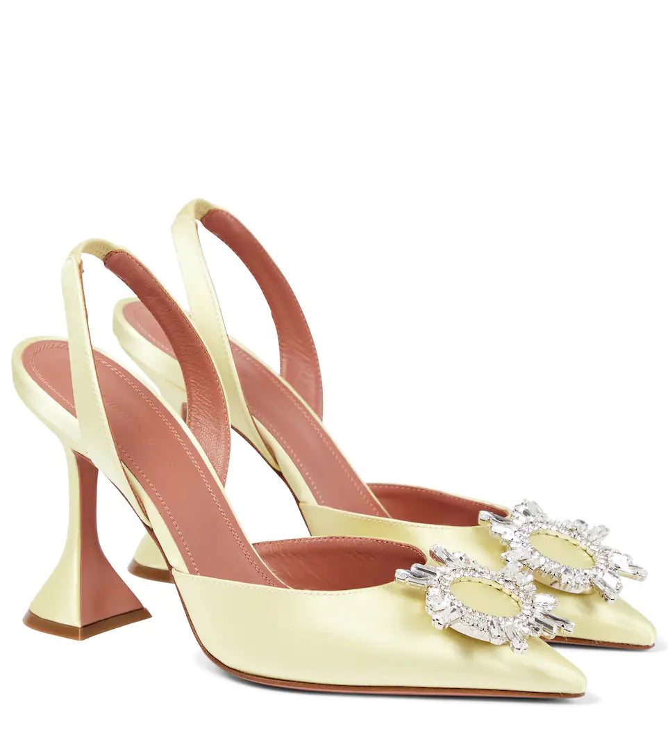 Amina Muaddi Begum Crystal Satin Pastel Yellow Slingback Pumps