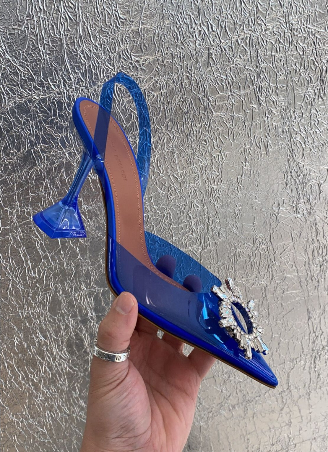 Amina Muaddi Begum Crystal Blue PVC Slingback Pumps (2022)