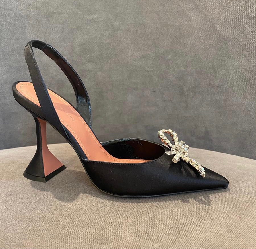 Amina Muaddi Rosie Satin Slingback Pumps (Black)