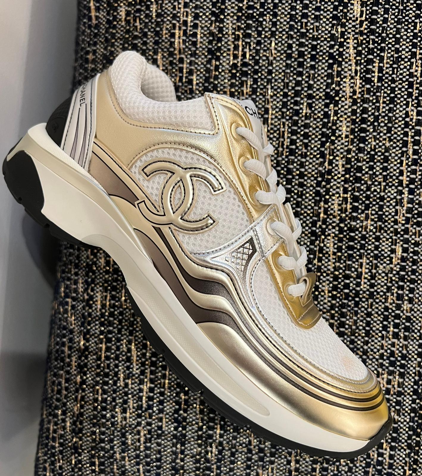 Chanel CC Logo Metallic Trainer (White/Gold/Silver)