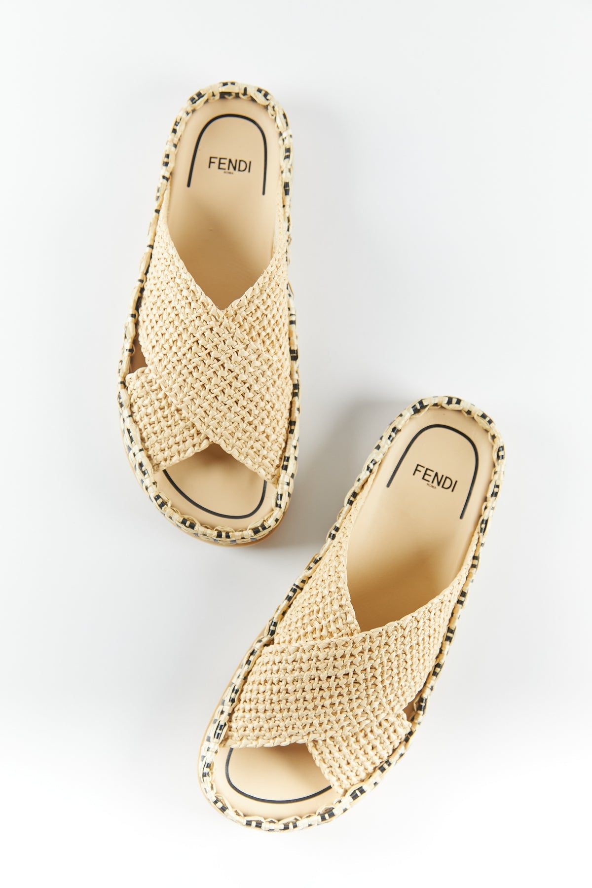 Fendi Raffia Reflections Slides Beige