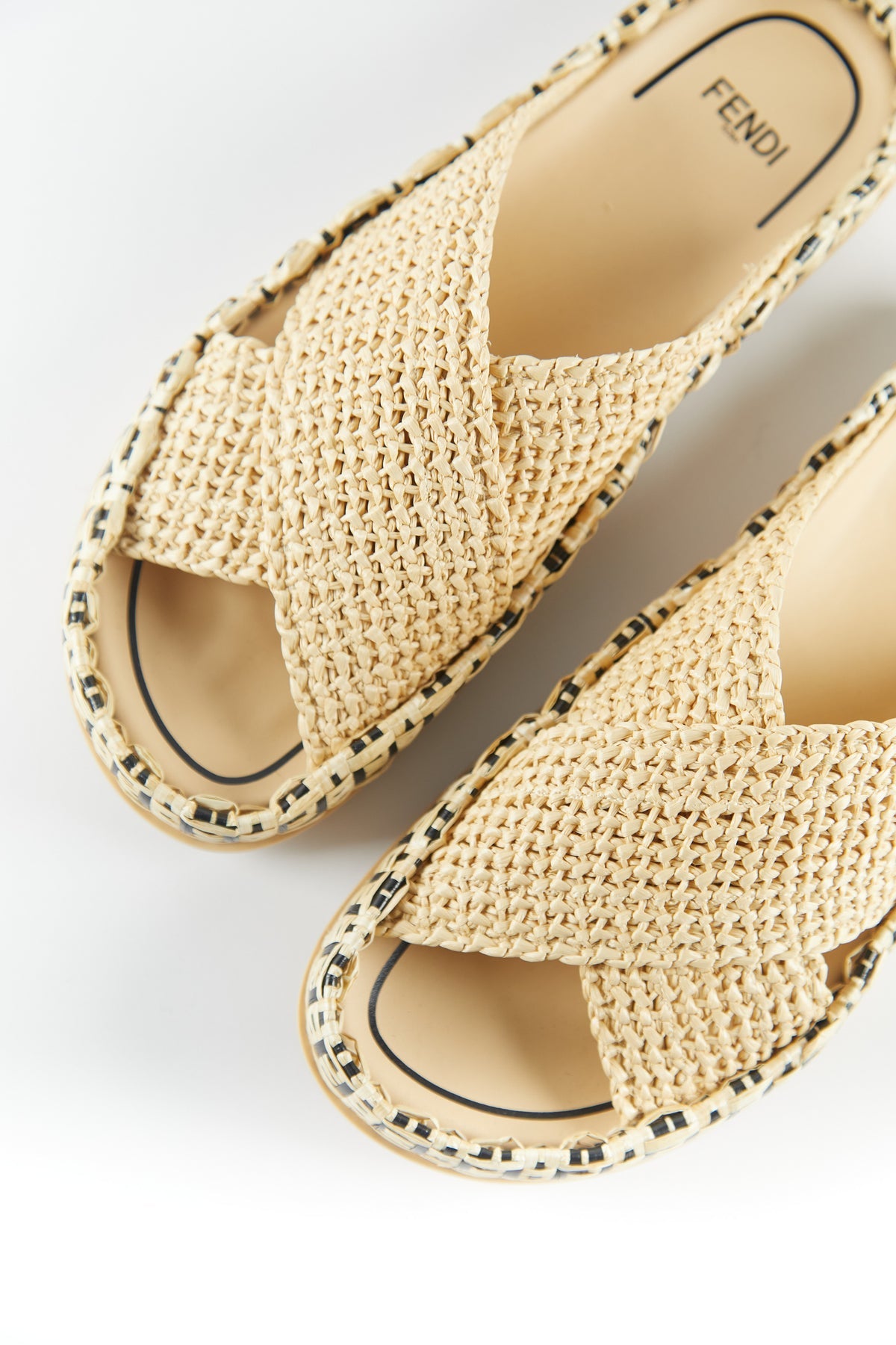 Fendi Raffia Reflections Slides Beige