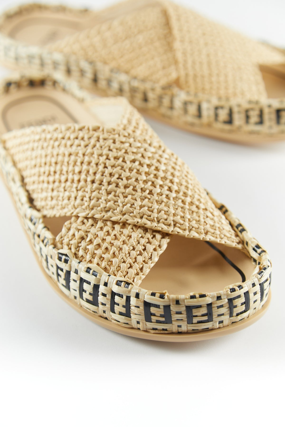 Fendi Raffia Reflections Slides Beige