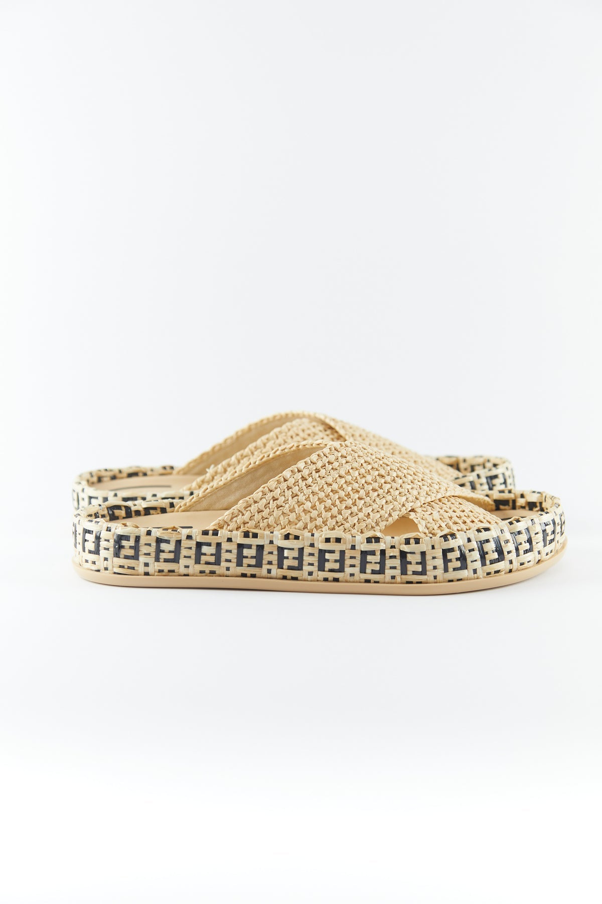 Fendi Raffia Reflections Slides Beige