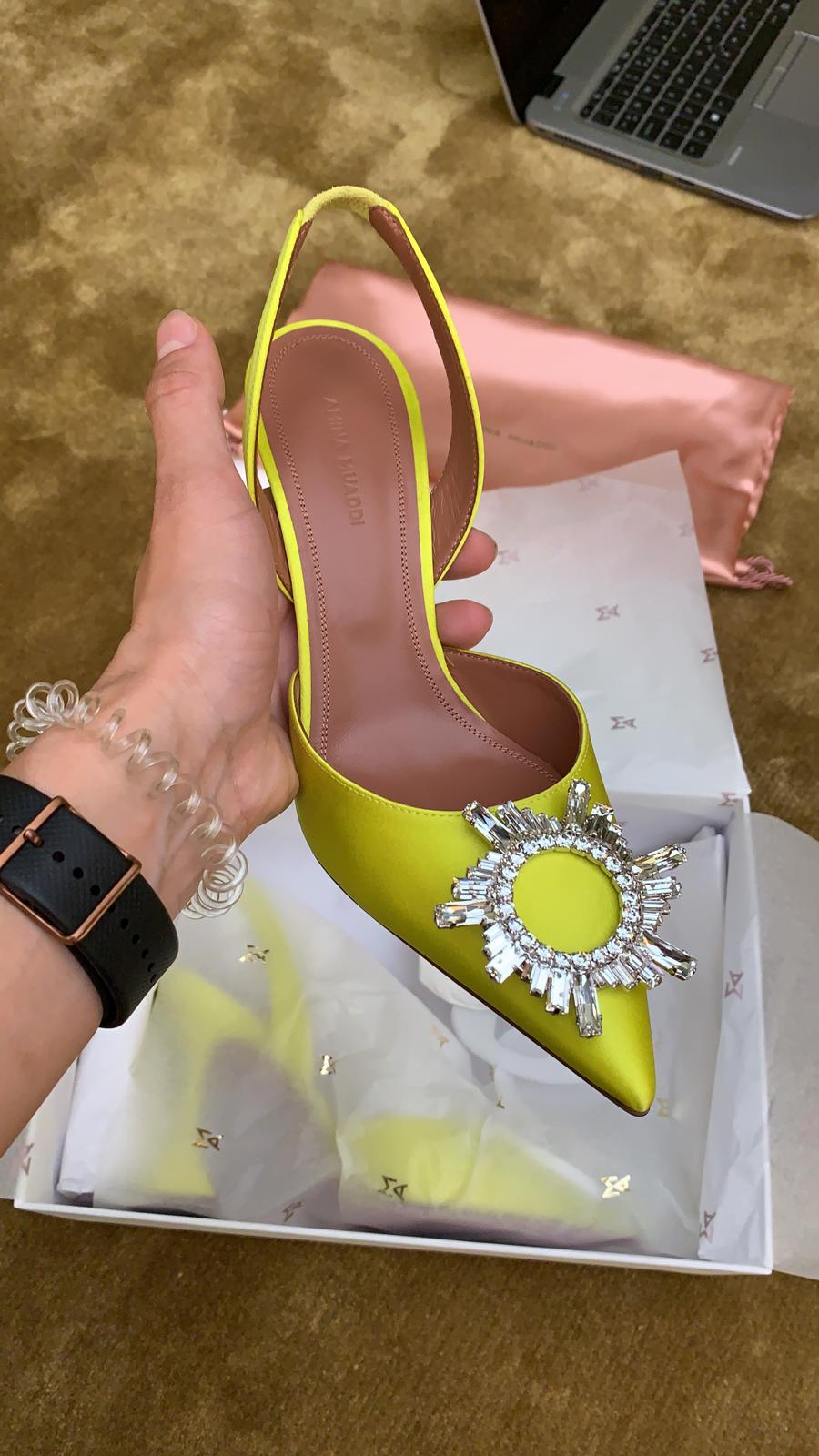 Amina Muaddi Begum Crystal Satin Yellow Slingback Pumps