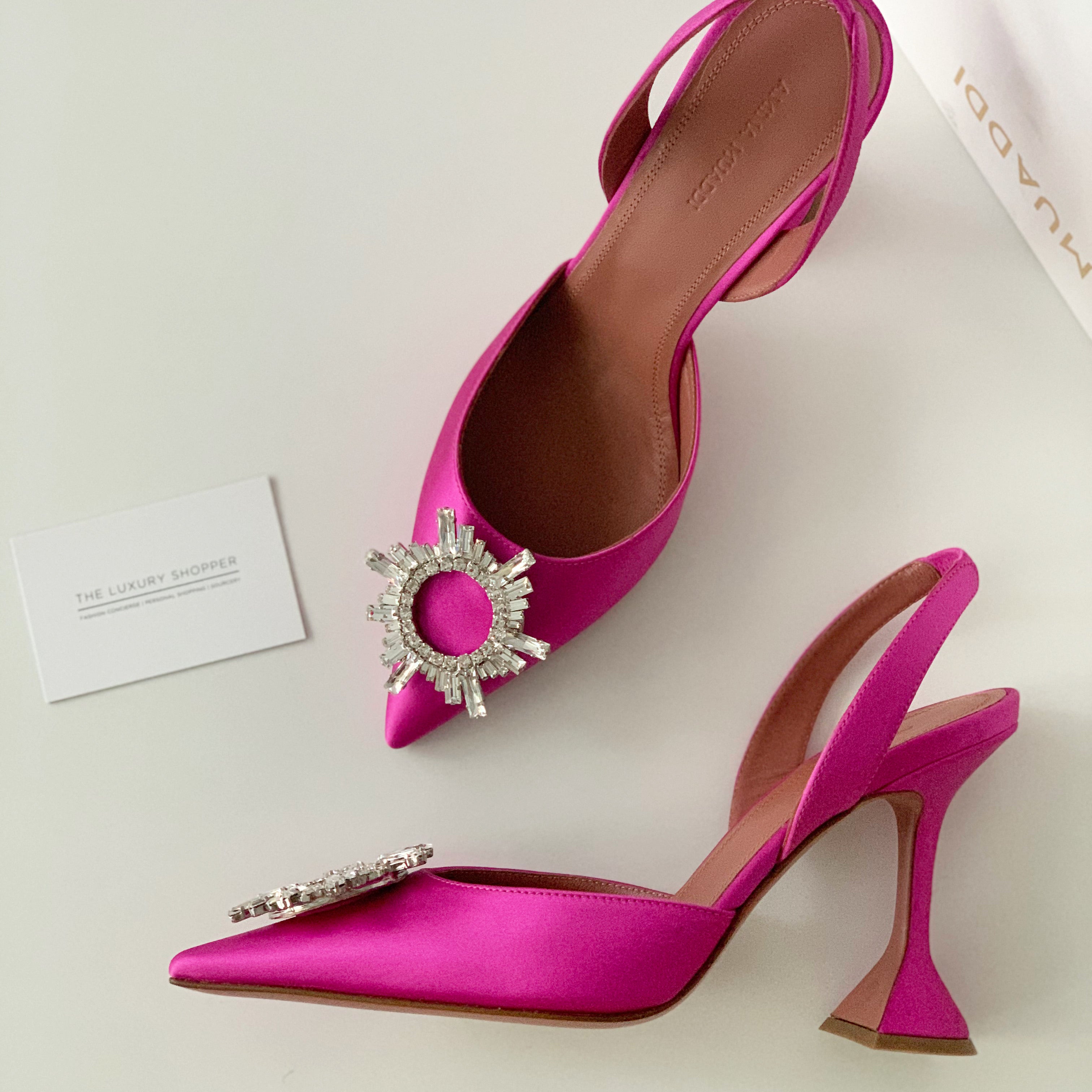 Amina Muaddi Begum Crystal Satin Pink Slingback Pumps