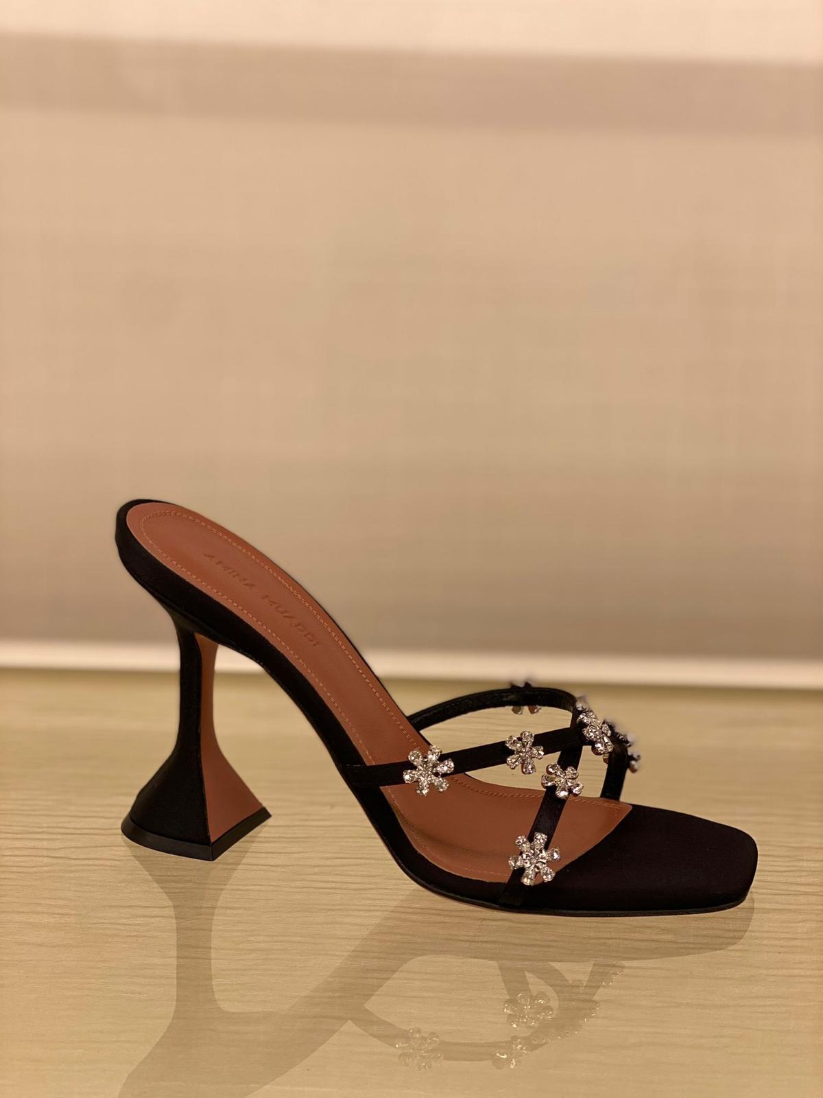 Amina Muaddi Lily Crystal Satin Black Mule Slipper