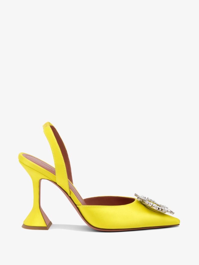 Amina Muaddi Begum Crystal Satin Yellow Slingback Pumps