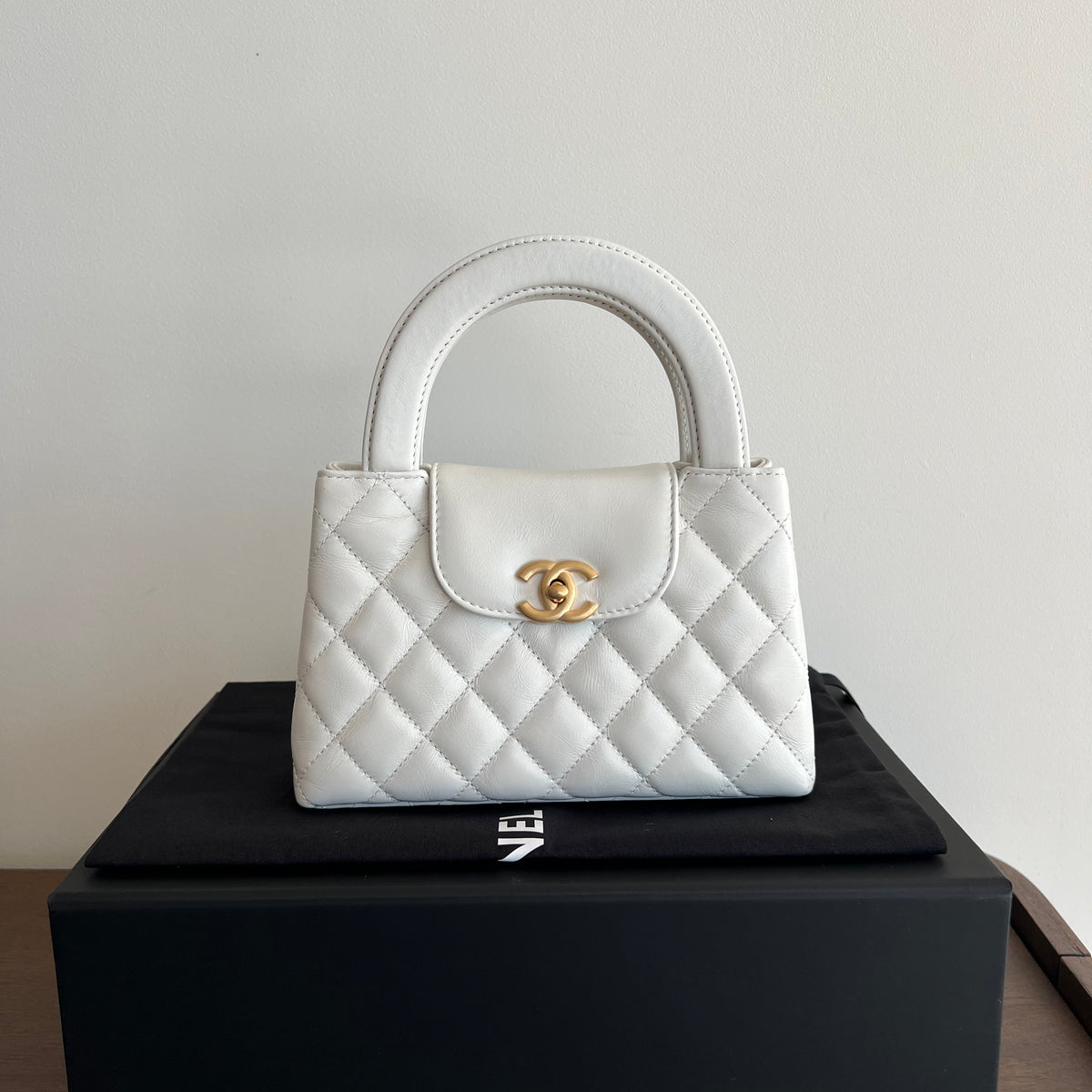 Chanel Kelly Shopping Bag Shiny Aged Calfskin Gold Hardware White Mini