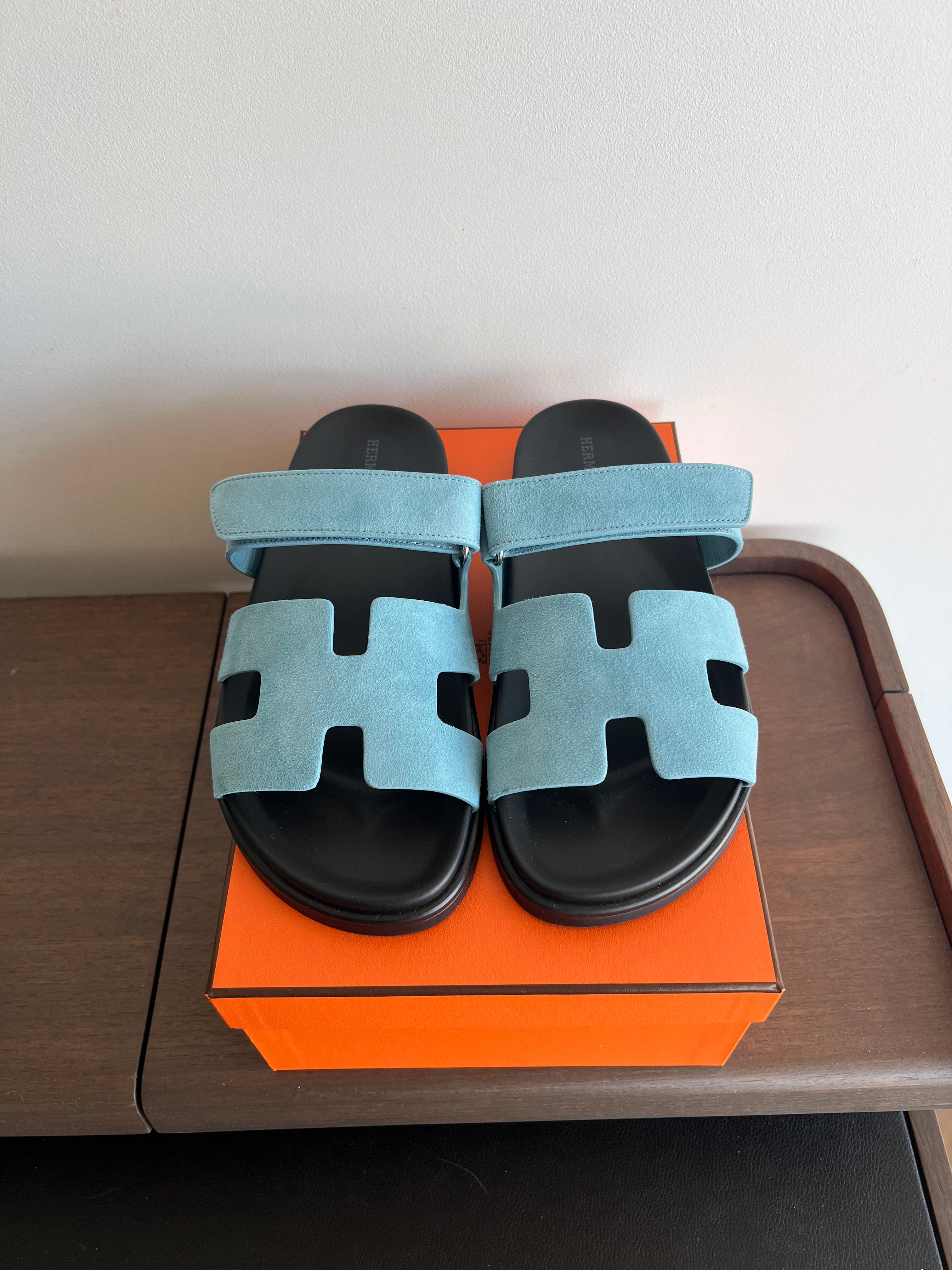 Hermès Chypre Suede Sandals (Bleu Minéral)