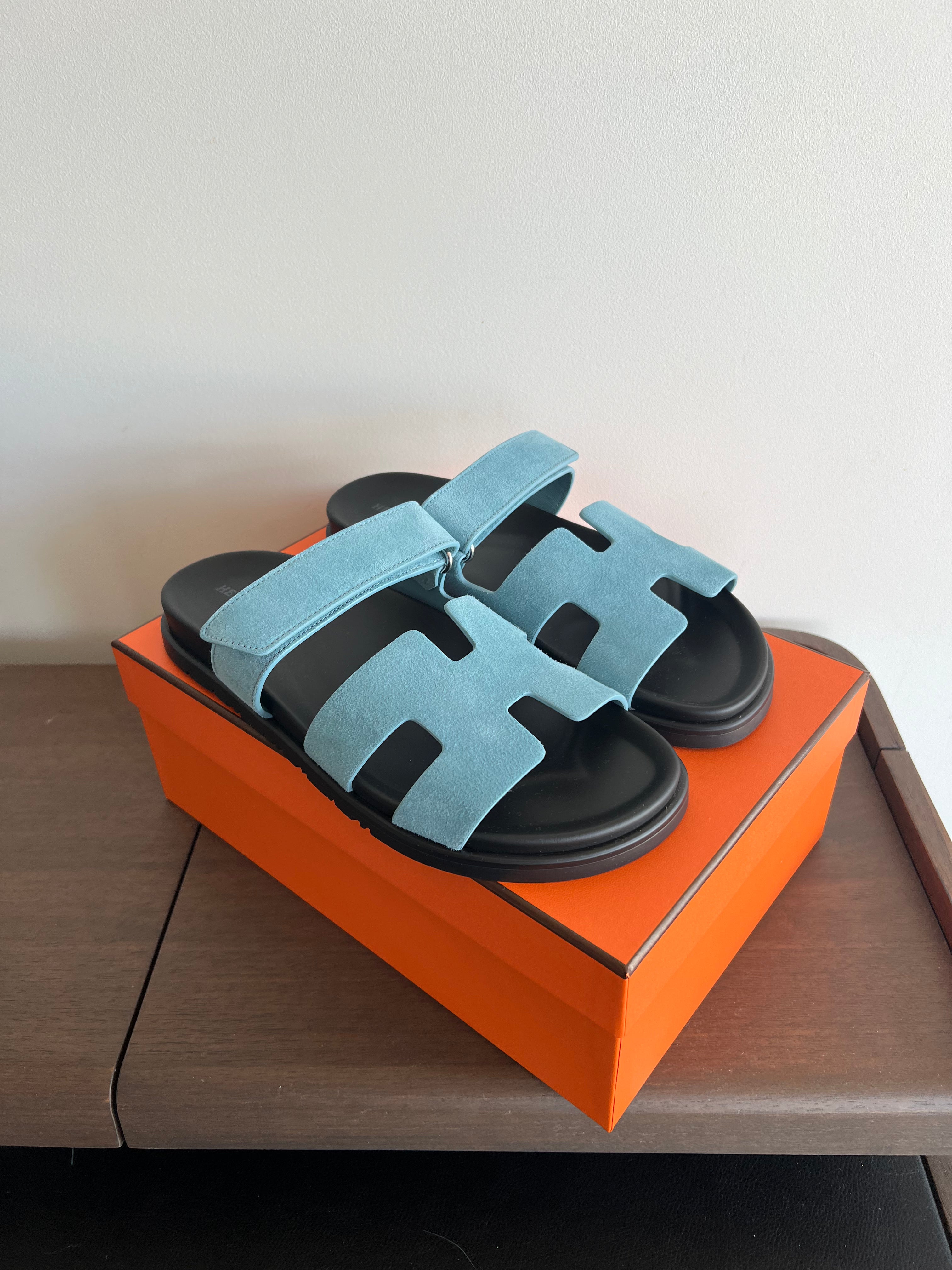 Hermès Chypre Suede Sandals (Bleu Minéral)