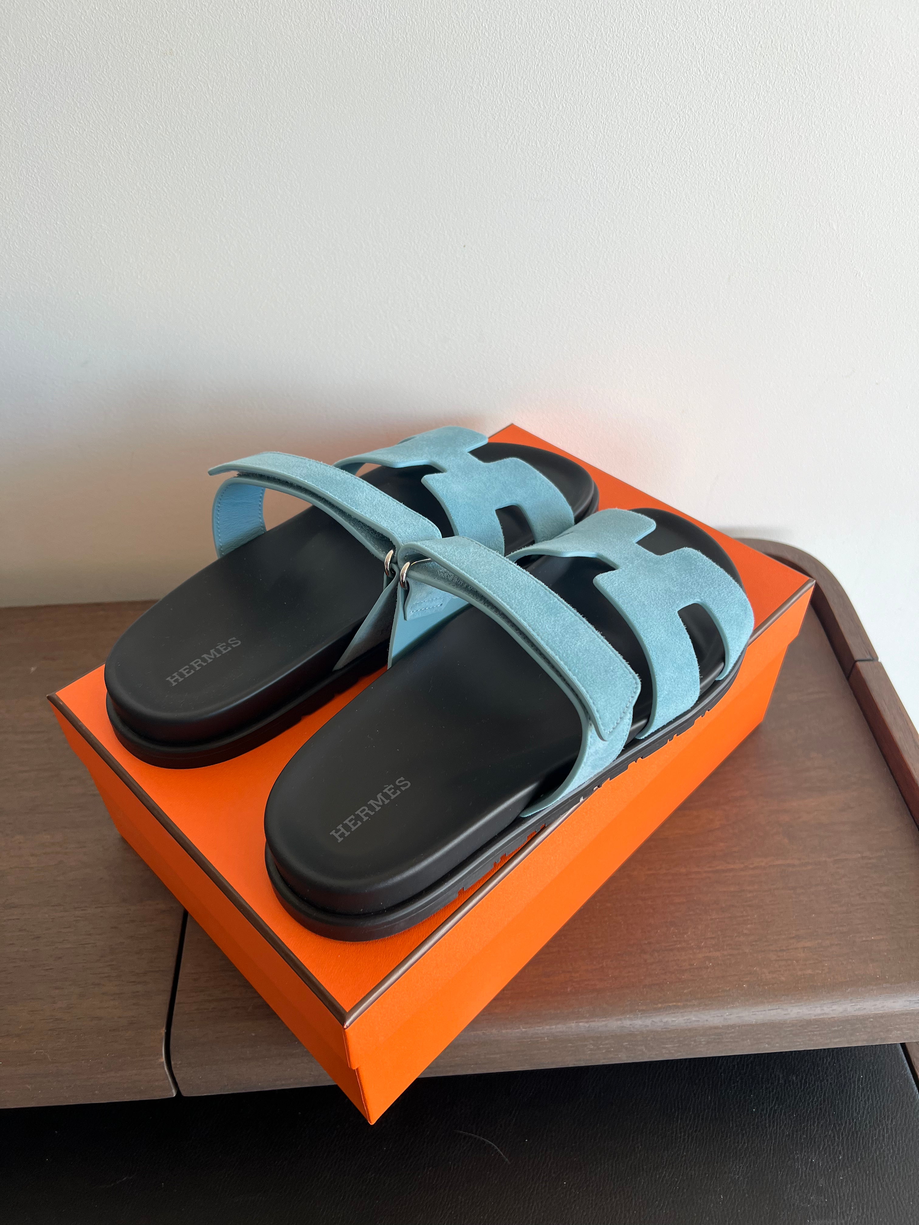 Hermès Chypre Suede Sandals (Bleu Minéral)