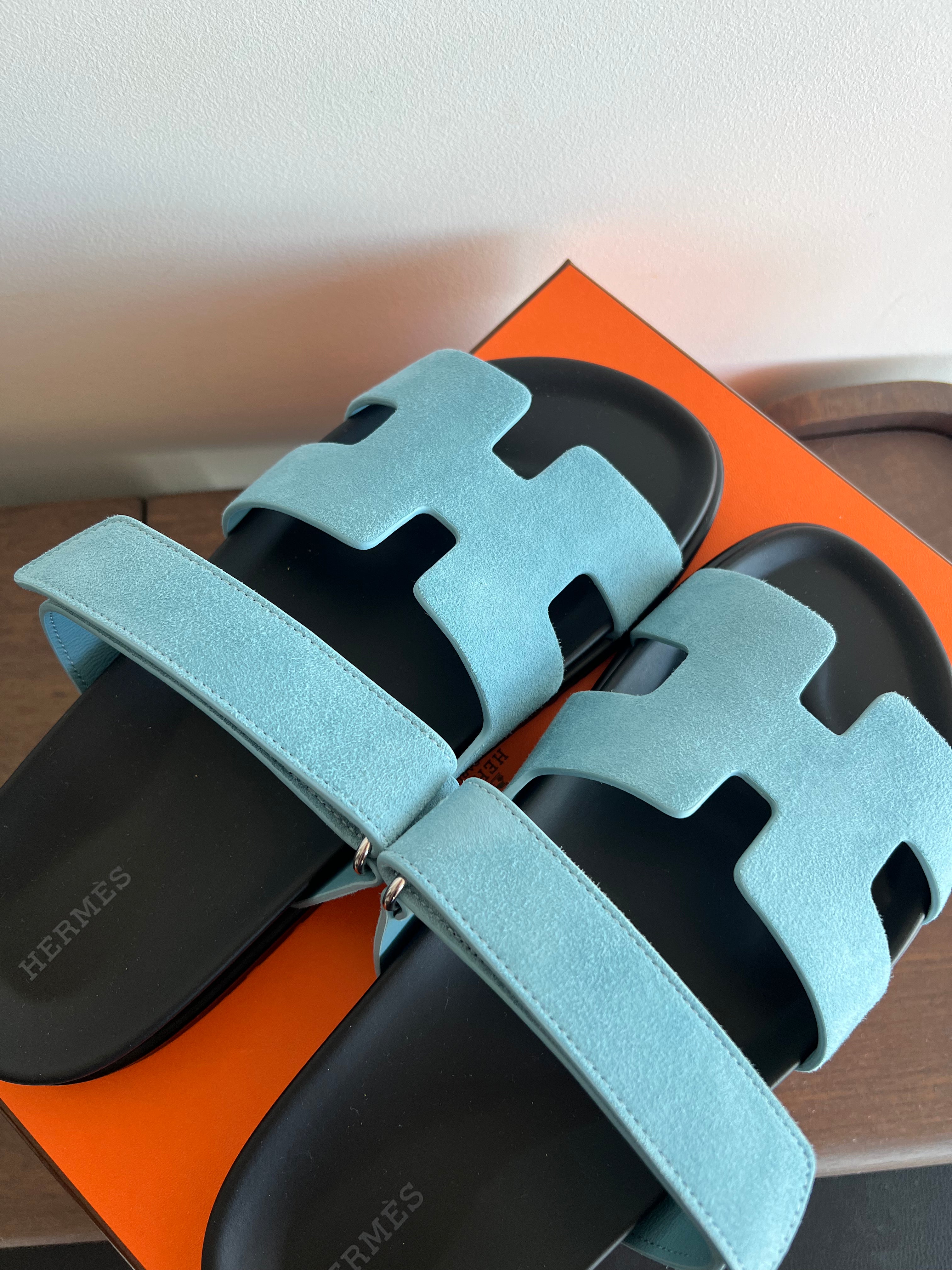 Hermès Chypre Suede Sandals (Bleu Minéral)