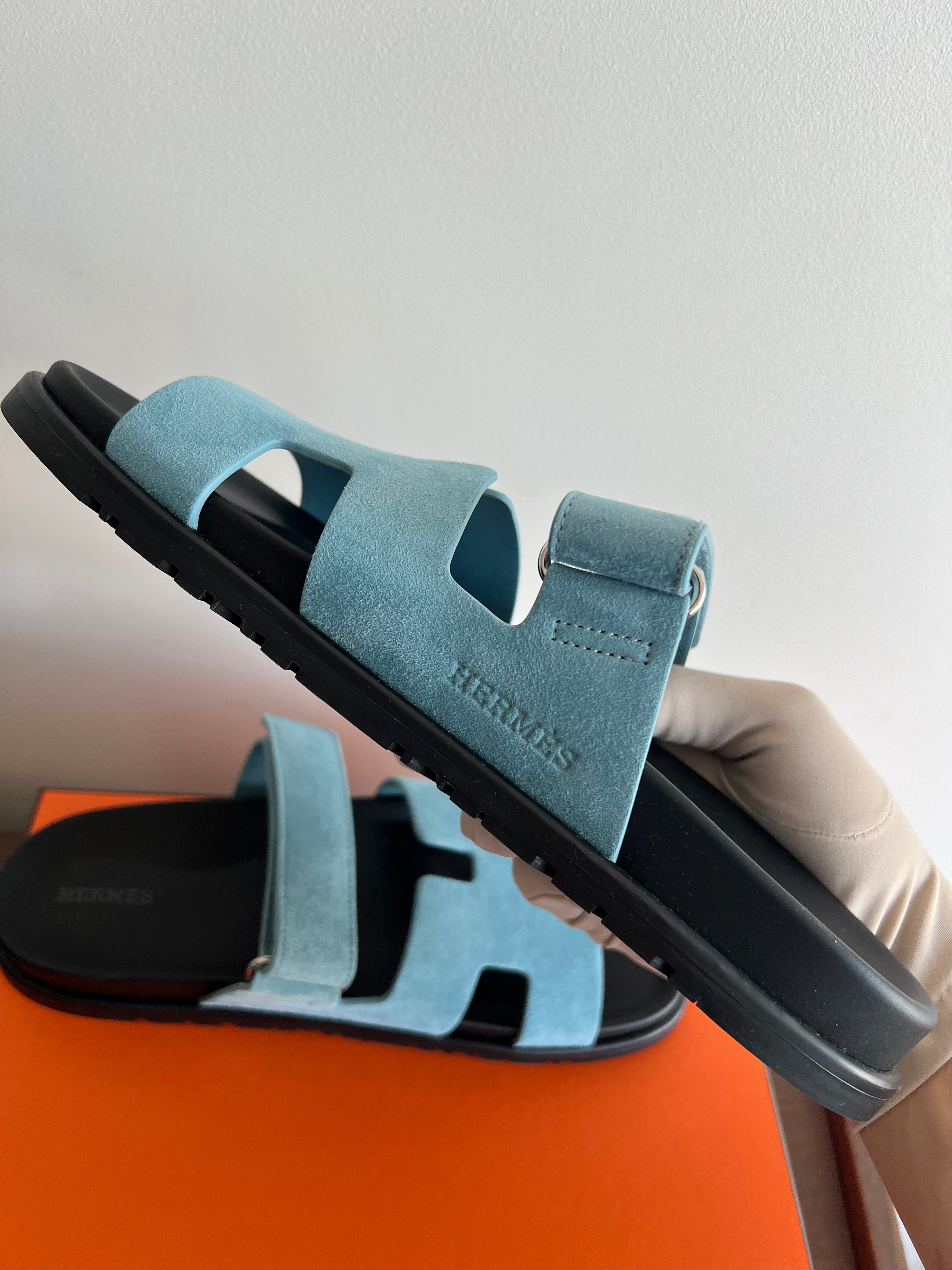 Hermès Chypre Suede Sandals (Bleu Minéral)