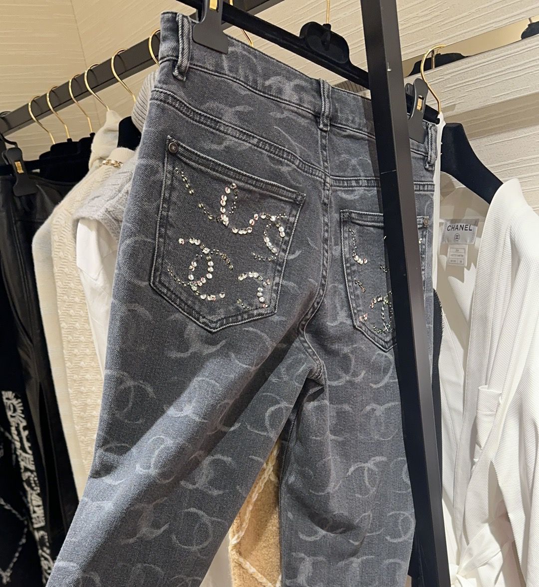Chanel CC Printed Embroidered Denim Logo Jeans