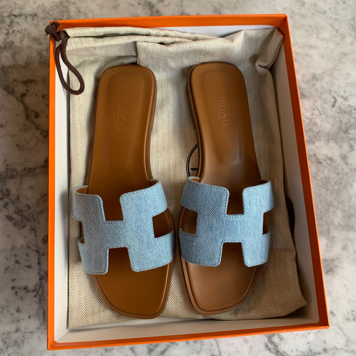 Denim Oran Hermes Slippers Hermes Oran Sandal Fringed Denim – SANDS