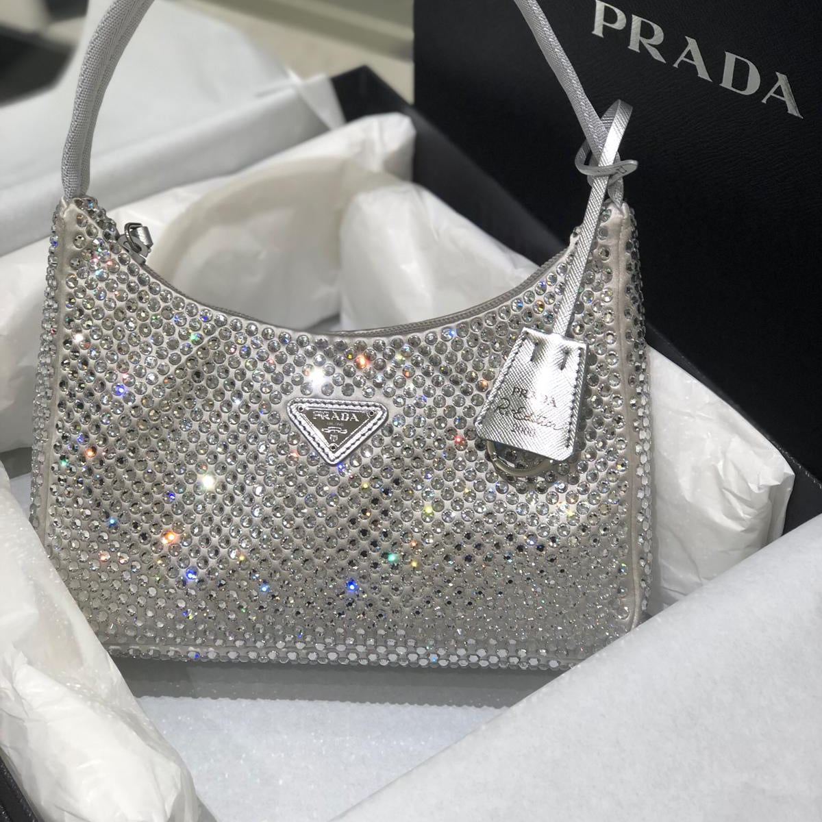 Prada Satin Bag With Crystals (Silver) - Main Image