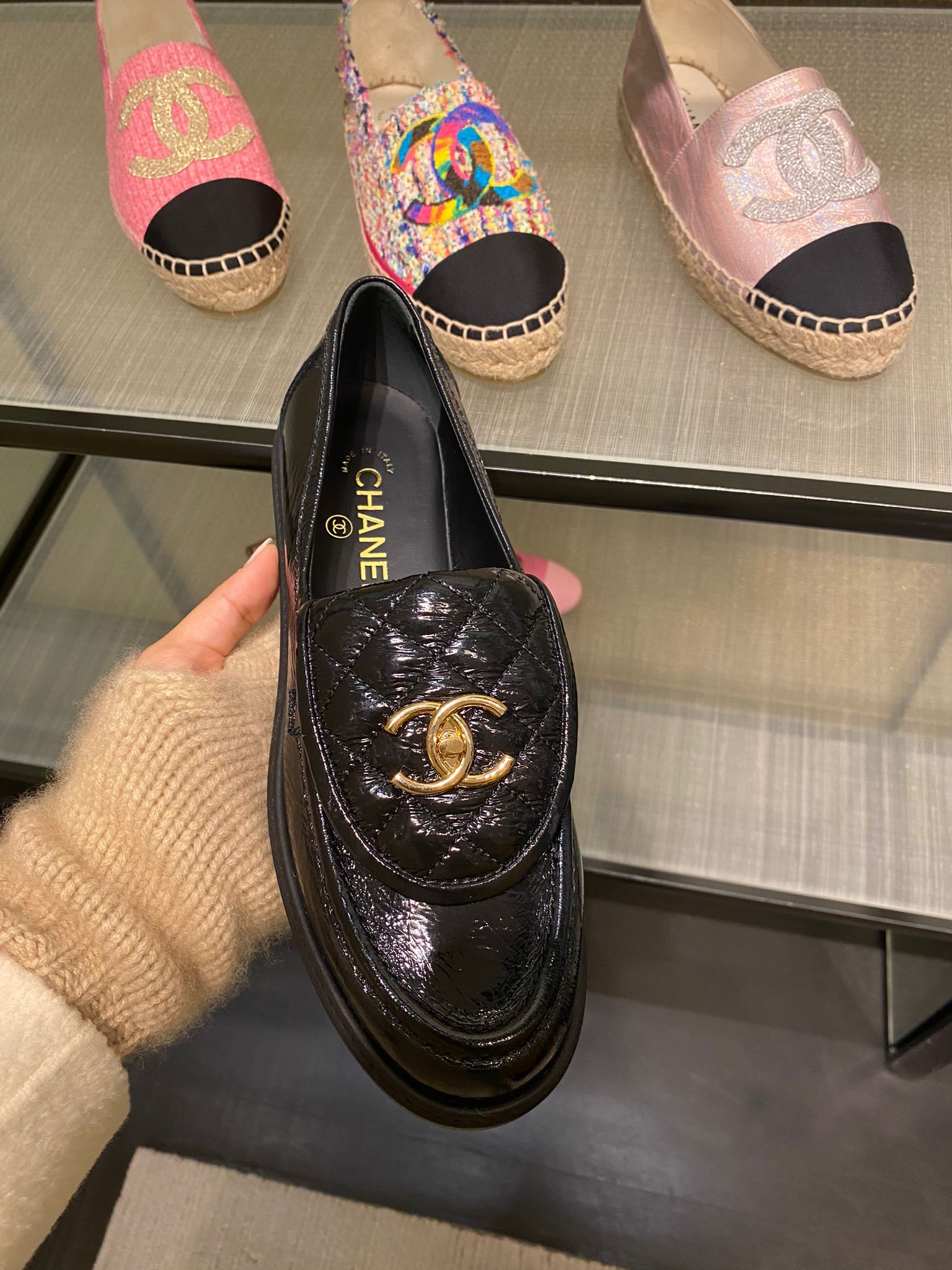 Chanel Quilted Leather Loafers (Patent Black)