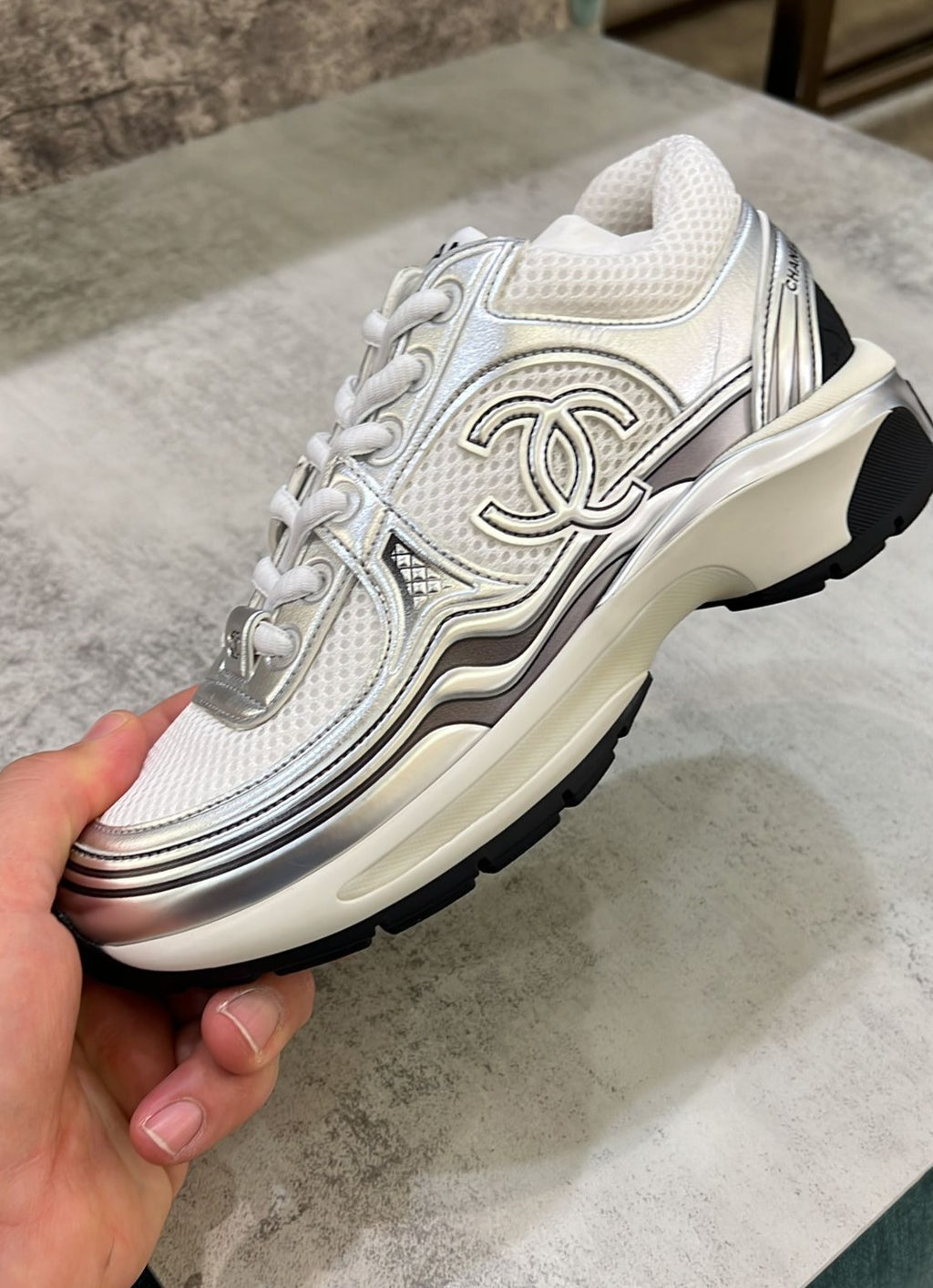 Chanel Runners Chanel Cc Triple White Chanel CC Logo Metallic