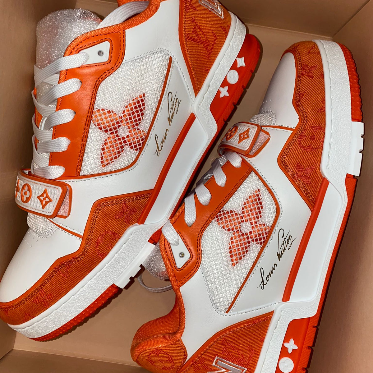 Louis Vuitton LV Trainer Sneaker Monogram Denim with Strap Orange
