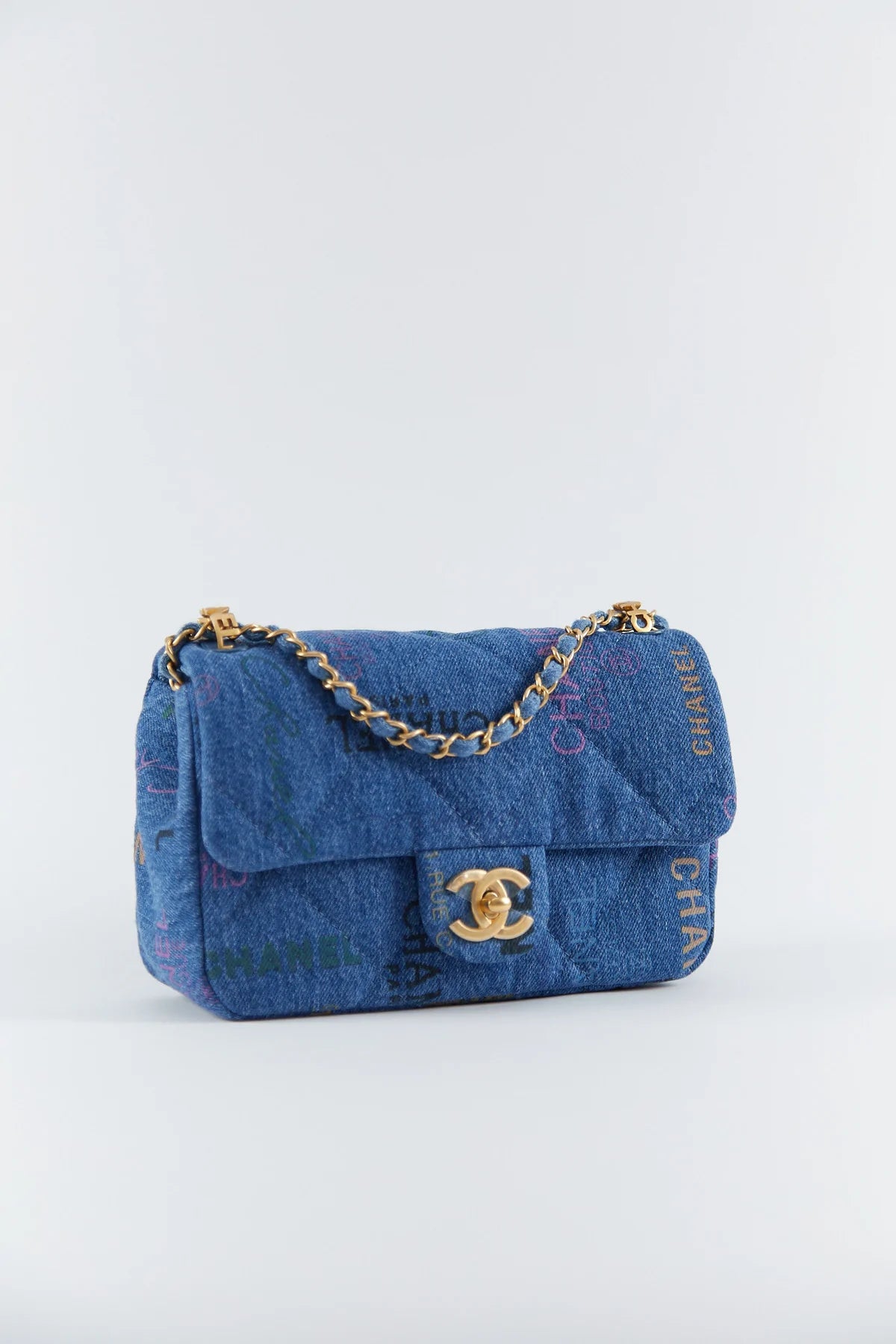 Chanel Mini Denim Rectangle Signature Print Flap Bag